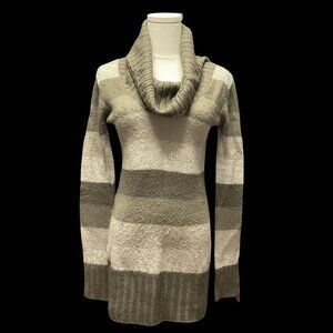 Grey-Brown/Beige/Cream Striped Knit Cowl Knit Tunic Sweater